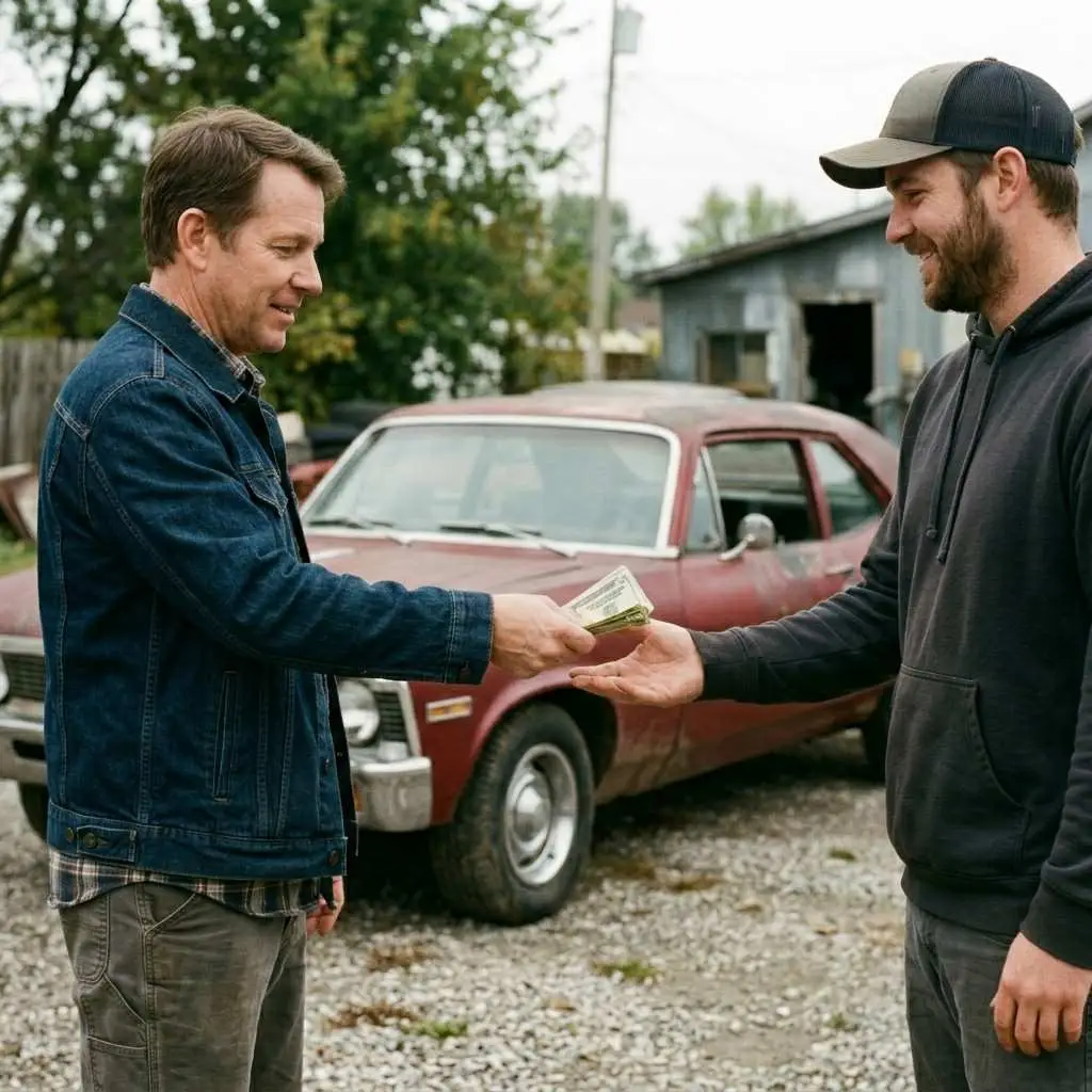 A person handing cash to another person with an old car in the background